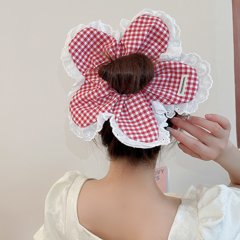 Sweet Plaid Flower Cloth Hair Tie display picture 3