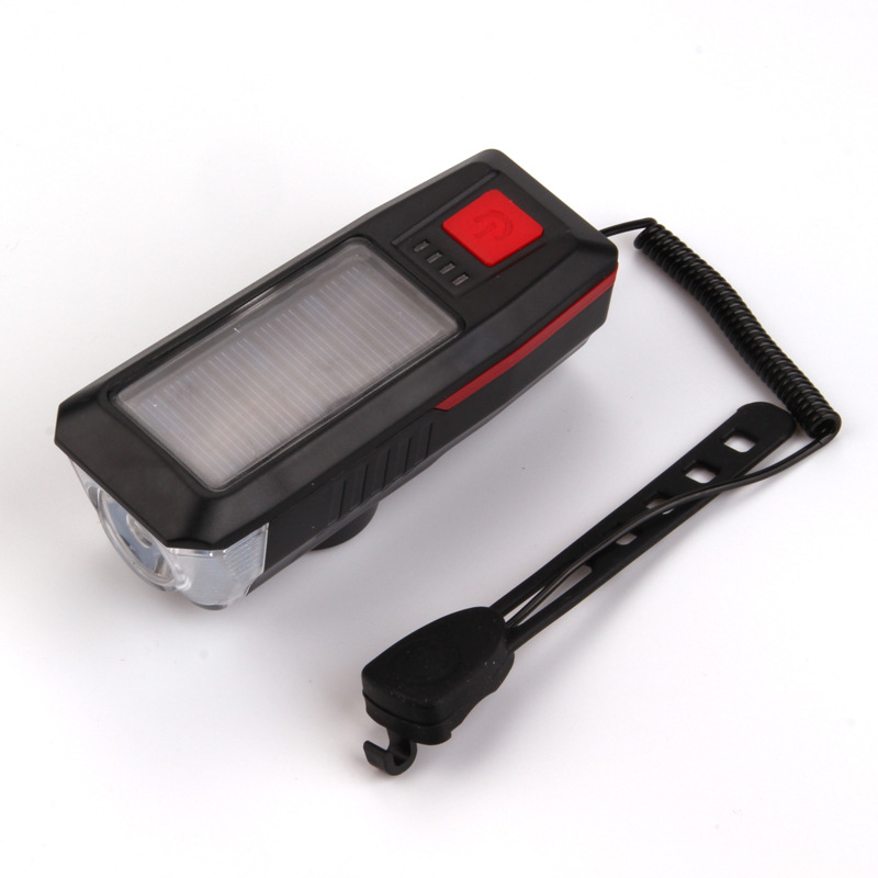 Nuevo fabricante solar bicicleta luz USB recargable cuerno luz noche equitación iluminación bicicleta de montaña faro