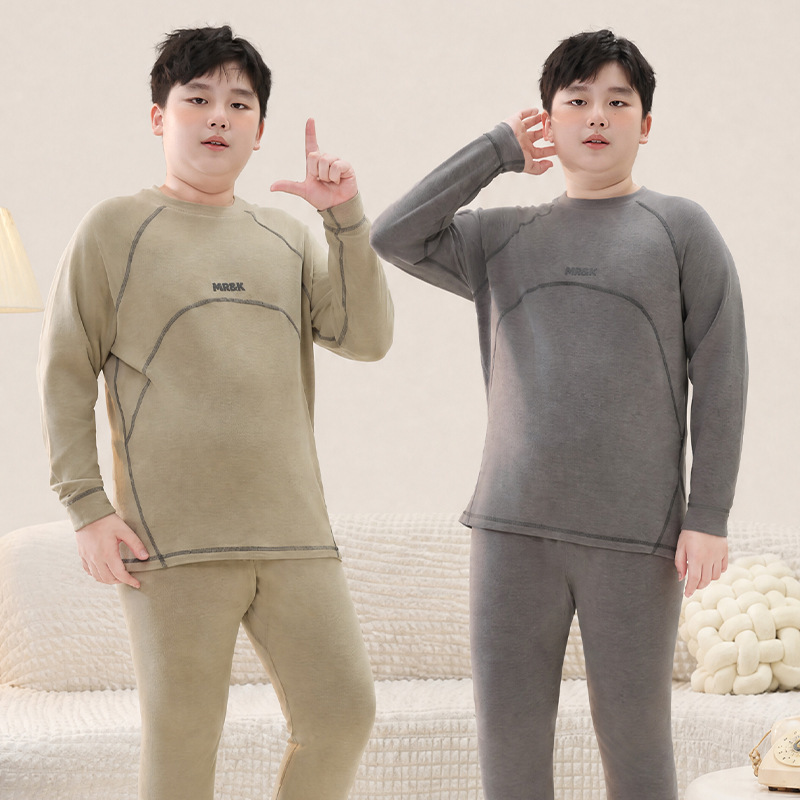 Plus-size children's underwear for autumn and winter, made of Lyocell Tencel with colorful fleece, warm autumn tops and pants set for older children, extra-large size, high elasticity Plus-size children's underwear for autumn and winter, made of Lyocell Tencel with colorful fleece, warm autumn tops and pants set for older children, extra-large size, high elasticity