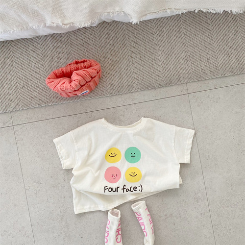 Korean summer version of boys and girls baby thin cotton soft letters smiley face short-sleeved T-shirt ins versatile tops for infants and young children