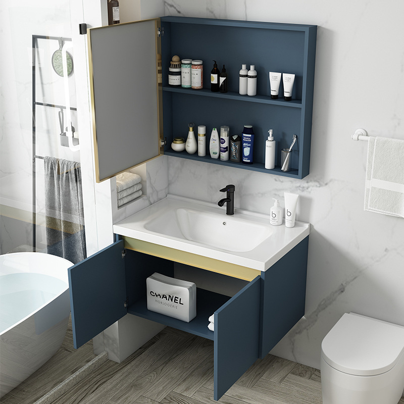 Gabinete colgante de aluminio espacio simple gabinete de baño moderno cuarto de baño Luz de lujo lavabo integrado lavabo de cerámica combinación de gabinete
