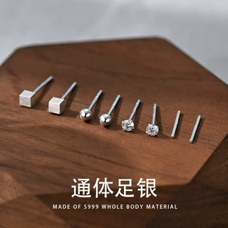 S999足银多款方块耳钉养耳洞纯银耳饰简约气质银饰批发睡觉免摘