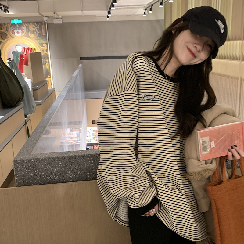 ストライプTシャツ レディース 2025秋新作 丸首 長袖 スウェットシャツ 韓国風トップス レディース服 輸出向け|undefined