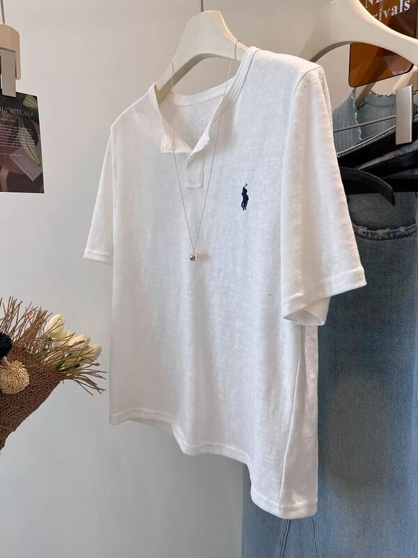 特大サイズ 120kg ポニー刺繍ハーフボタンポロシャツ半袖 Tシャツレディース夏万能ルーズ V ネックトップ|undefined