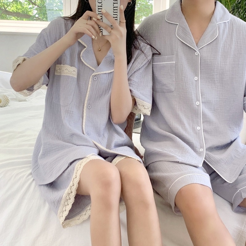 South Korea INS summer new designer lace decorative cotton pajamas suit short sleeve couple wear home wear for women
