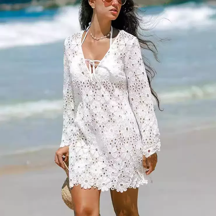 跨境2024夏季新款亚马逊热销海边度假风牛奶丝水溶V领连衣裙罩衫