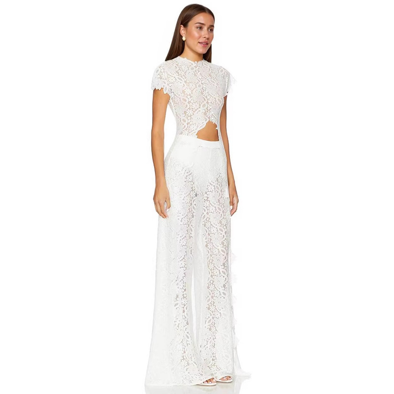White High-Neck Lace Gown Set with Extra-Long Cape Sleeves, Waist Cut-Out Design, Slim-Fit Elegant Evening Dress