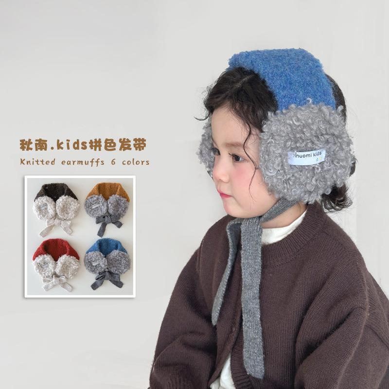 秋南 儿童耳罩冬季韩版ins毛绒系带撞色耳罩女童加厚保暖针织耳套|undefined
