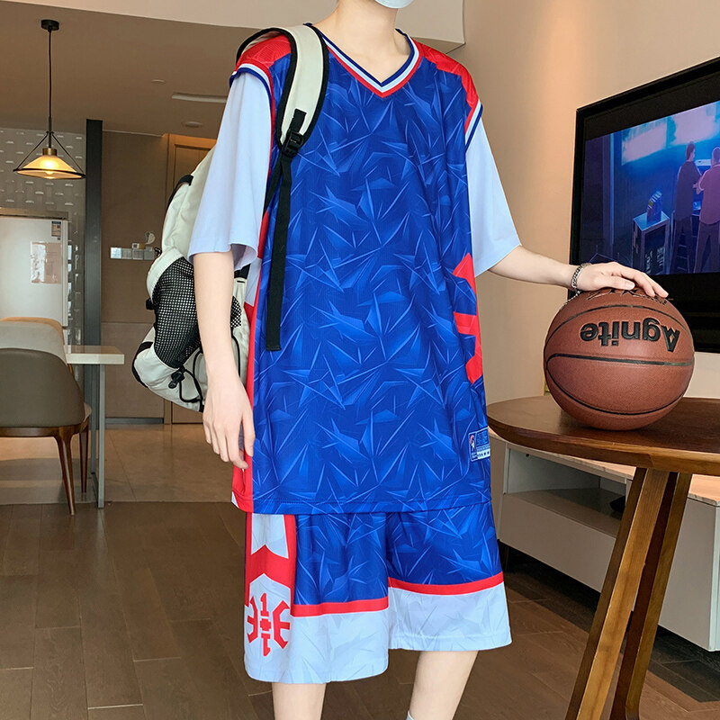 Youth Leisure Sports suit Men's Summer Ice Silk Quick-drying Basketball Suit Student Fake Two-piece T-shirt Shorts Jersey Youth Leisure Sports suit Men's Summer Ice Silk Quick-drying Basketball Suit Student Fake Two-piece T-shirt Shorts Jersey