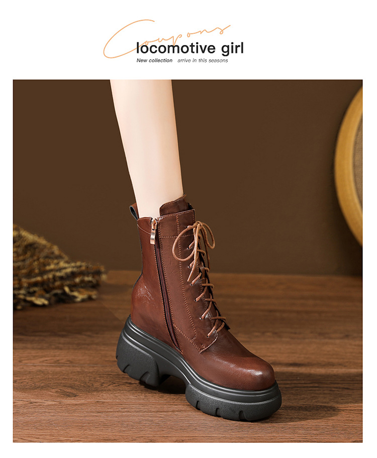 Boot Martin nữ đế xuồng da thật mũi tròn gót cao 6 cm dây buộc — nhung đen, Nhung nâu, Lớp lót đơn màu đen, Lớp lót đơn màu nâu chi tiết 20