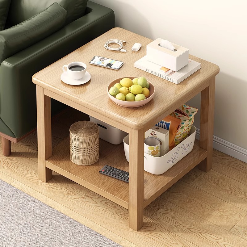Sofá de madera maciza, mesa lateral, sala de estar, mesa de centro pequeña simple de doble capa, casa de alquiler, mesa cuadrada moderna simple