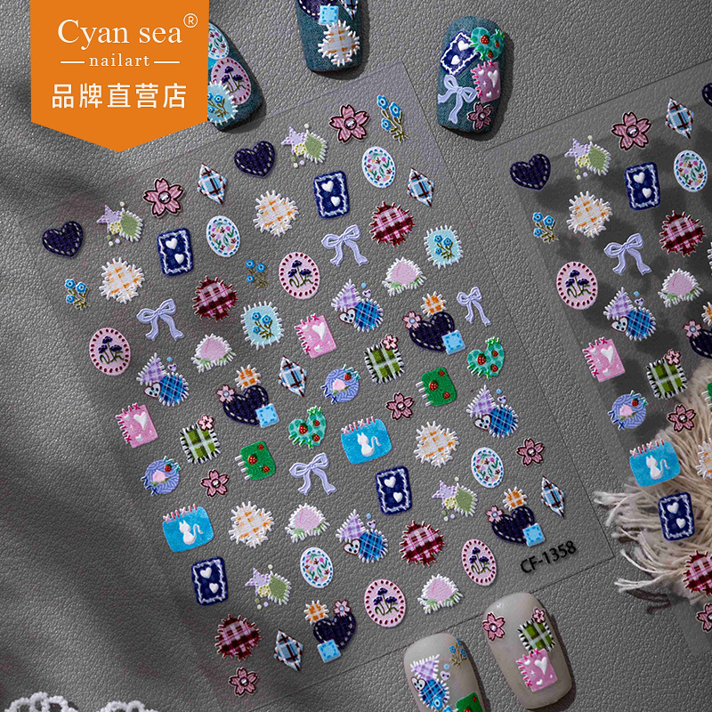 Cyansea Cross-Border Popular Dopamine-Colored Embroidered Plaid Bow Flower Heart Nail Decoration Stickers DIY