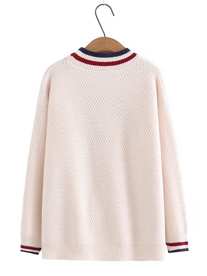 Women's Clothing new bear jacquard V neck loose knitted cardigan women's autumn and winter striped large size lazy style sweater jacket_voghion.com