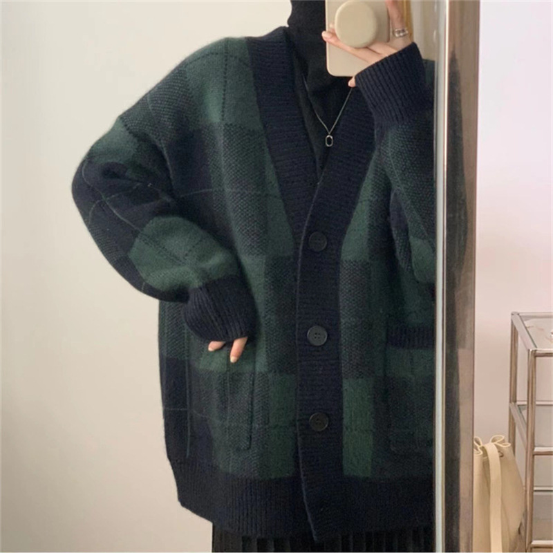 Korean Style Plaid Mohair Knitted Sweater - White Gray