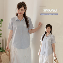 韩版宽松翻领正肩蝴蝶结格纹上衣宽松显瘦百搭胖mm大码衬衫65234