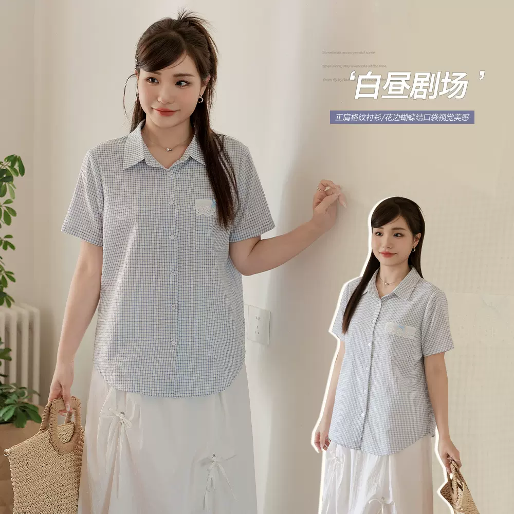 韩版宽松翻领正肩蝴蝶结格纹上衣宽松显瘦百搭胖mm大码衬衫65234