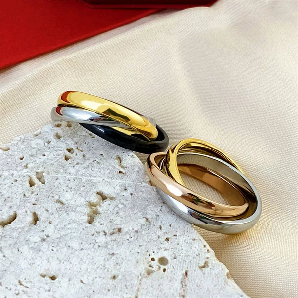 Kajia Three-Ring Three-Color Plated Three-Circle Ring Couple Rings Jewelry Dropshipping Fashion Gold-Plated Couple Style Snowflake
