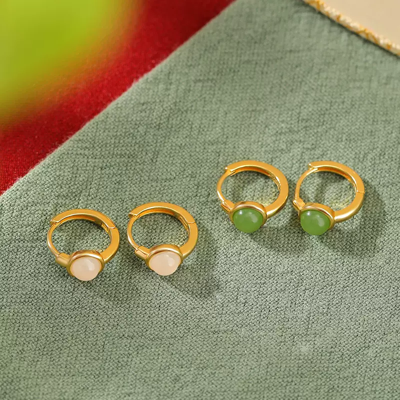 悦宝珠宝S925纯银镀金和田玉白玉碧玉简约百搭圆珠耳环气质银耳夹