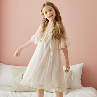 Girl's Princess Court Nightdress Spring and Summer Short-sleeved Long Home Clothes Girl's Lace Mesh Parent-child Pajamas