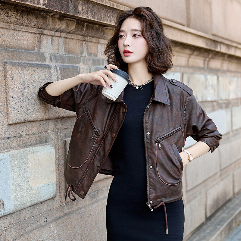 Autumn 2024 New Women's Retro Motorcycle PU Leather Jacket Casual Jacket All-match Women's Leather Jacket ZH1103