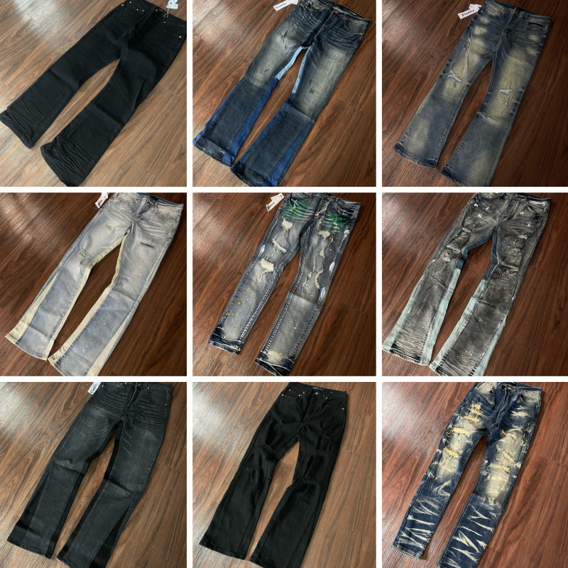 Cross-Border Purple Brand American High Street High-Waisted Flared Jeans for Men, Heavy-Duty Distressed Splatter-Ink Pants