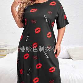 跨境亚马逊欧美风睡裙女夏季牛奶丝家居服薄款短袖睡衣大码 家居