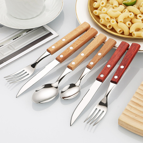Clamp handle knife, fork and spoon 304 stainless steel four-piece set Japanese rosewood beech steak knife and fork Western tableware set