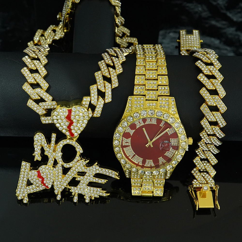 Conjunto de Reloj y Collar con Colgante NO LOVE, Estilo Cubano, para Hombre, en Caja de Regalo de Lujo