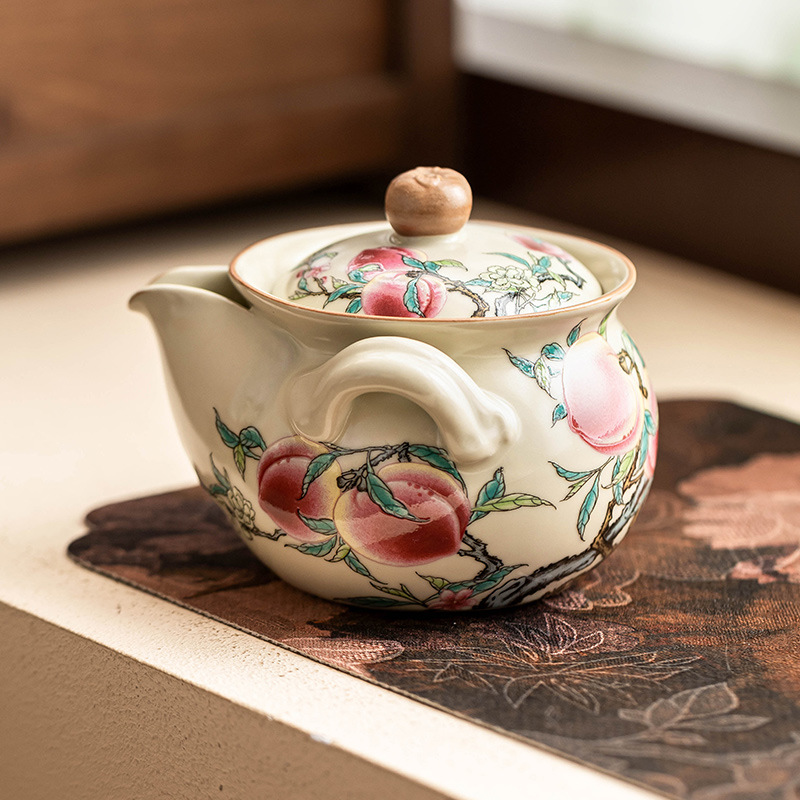 汝窑粉彩九桃如意手抓壶陶瓷功夫茶具茶壶泡茶家用不烫手过滤单壶