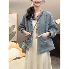 韩系复古刺绣牛仔外套女2025秋新款大码胖宽松显瘦夹克上衣潮【15