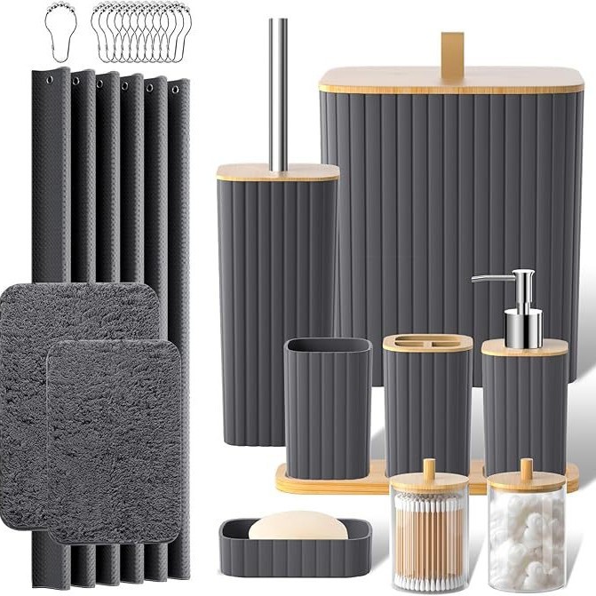 Yufei YUFE baño juego de 24 piezas con cortina de ducha tapete de piso juego de baño bote de basura de rayas cuadradas kit de venta caliente transfronterizo
