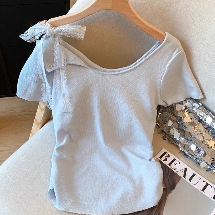 French-Style Off-Shoulder Lace Patchwork Bow Short-Sleeve T-Shirt for Women, New Summer Style, Waist-Cinching, Slimming, Sweet and Spicy Short Top French-Style Off-Shoulder Lace Patchwork Bow Short-Sleeve T-Shirt for Women, New Summer Style, Waist-Cinching, Slimming, Sweet and Spicy Short Top