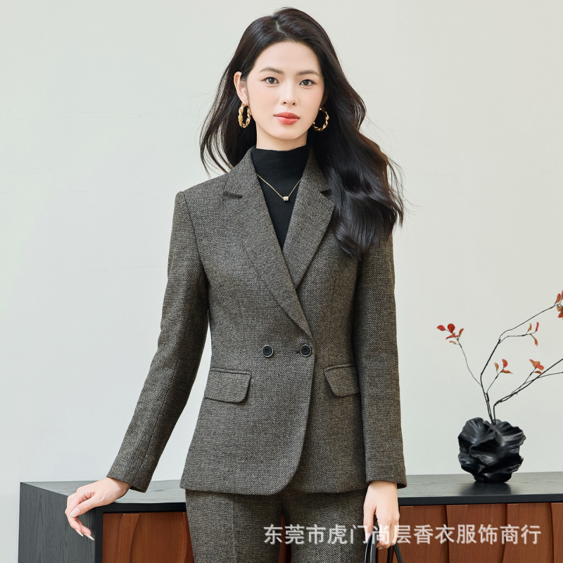 灰色职业装西装外套女秋冬2025新款小个子高级感毛呢加厚西服套装|undefined