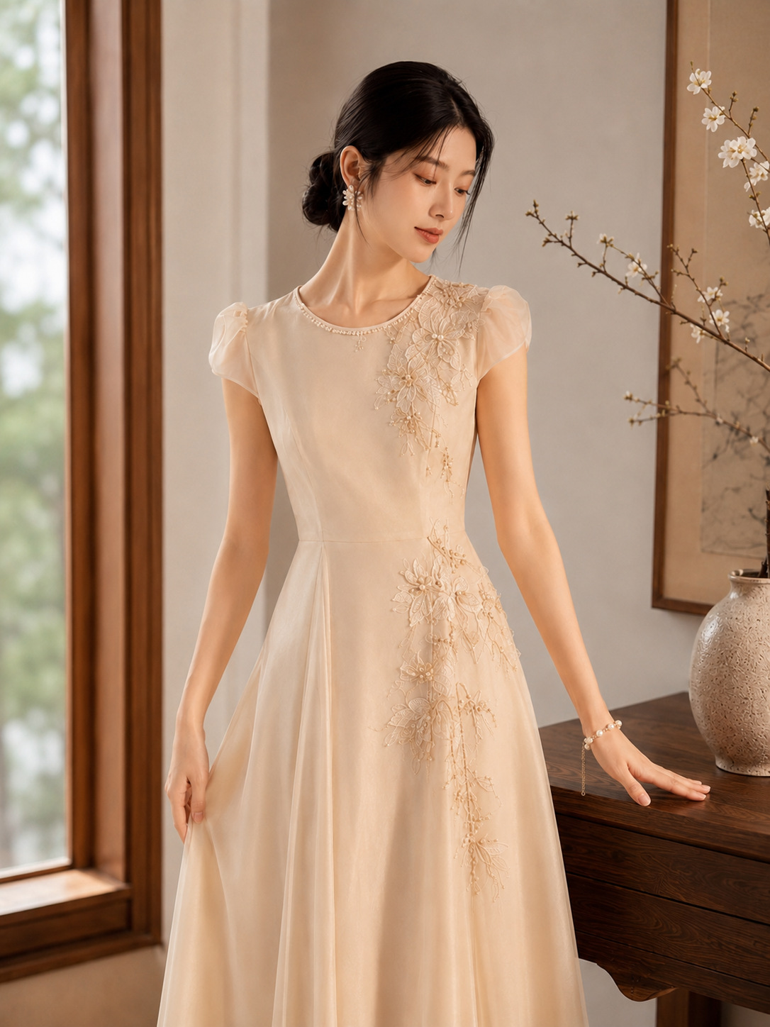 Váy dài cổ tròn thêu hoa ngọc lan lập thể kèm thắt lưng — Sữa hạnh nhân