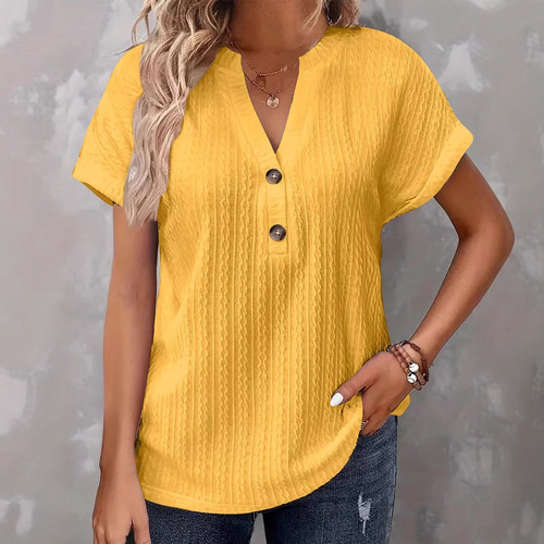 2025 European and American Spring and Summer Women's Independent Store Solid Color V-Neck Button Down T-Shirt Top