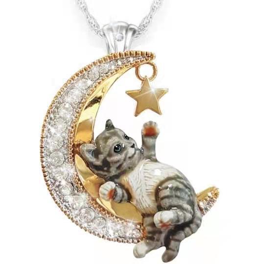 Cute Micro Inlaid Zircon Moon Pet Kitty Necklace Diamond Crescent Pendant display picture 4