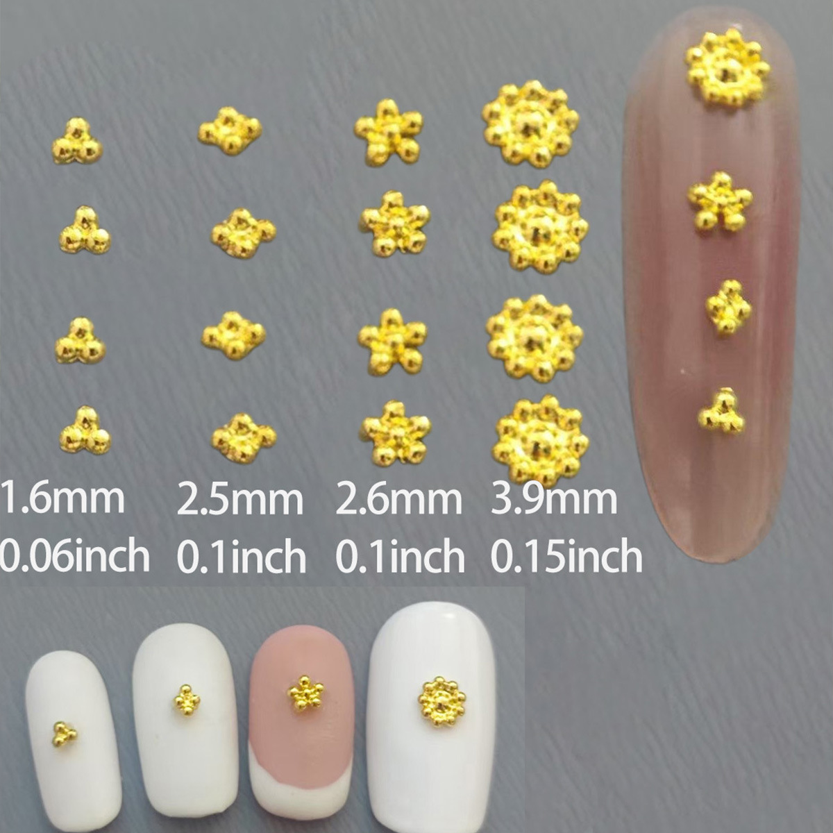 인기 있는 부유한 금 3개의 꽃 네일 아트 액세서리, 절묘하고 다재다능하며 가벼운 럭셔리 스타일의 크고 작은 네일 장식 도매