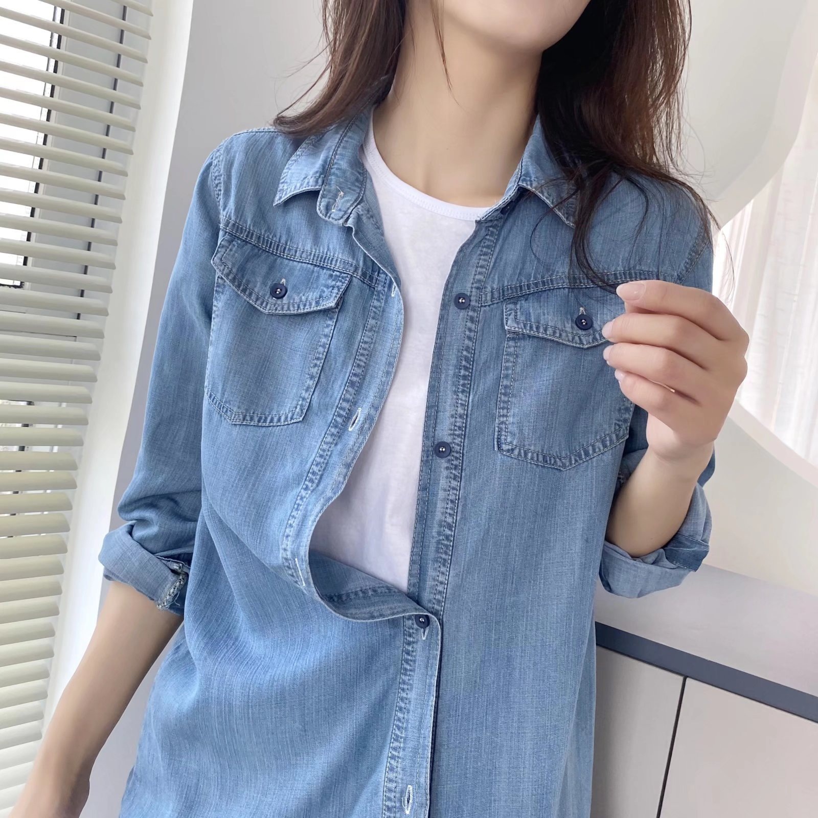 ​​Women’s Tencel Denim Shirt – Upgraded Breathable Long Sleeve Blouse (Light/Dark Blue, M-XXXL)​​_mkmklike.com