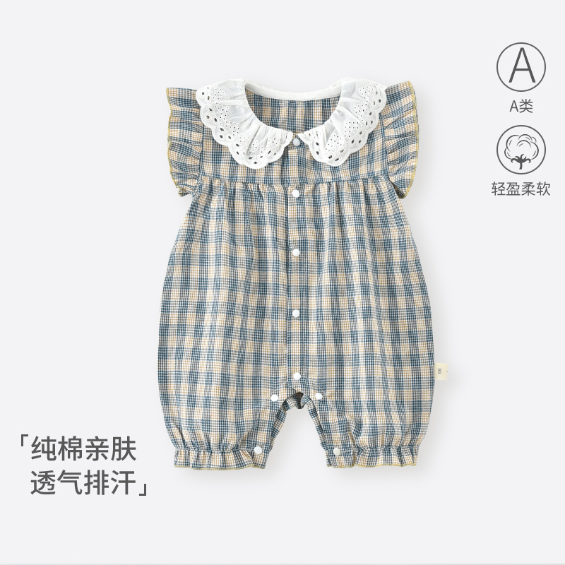 Baby's jumpsuit summer western style plaid thin bag fart clothes baby girl's cute climbing clothes super cute go-out clothes