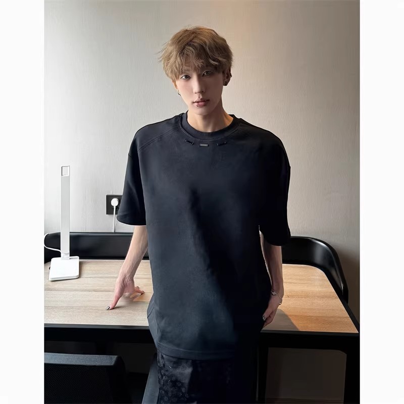 260g Heavy American Small Neckline T-Shirt Men's Metal Buckle Deconstructed Fashion Brand Short Sleeve Niche Design Advanced Half Sleeve