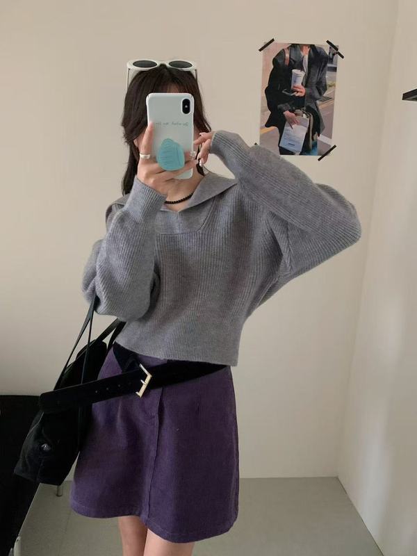 韩系秋冬新款翻领设计感纯色减龄短款休闲厚实套头毛衣女简约上衣|undefined