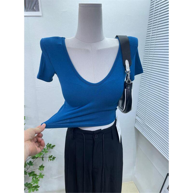V-Neck Short-Sleeve T-Shirt with Shoulder Pads for Women, Summer 2025, Slim Fit, Stretchy, Flattering Base Top