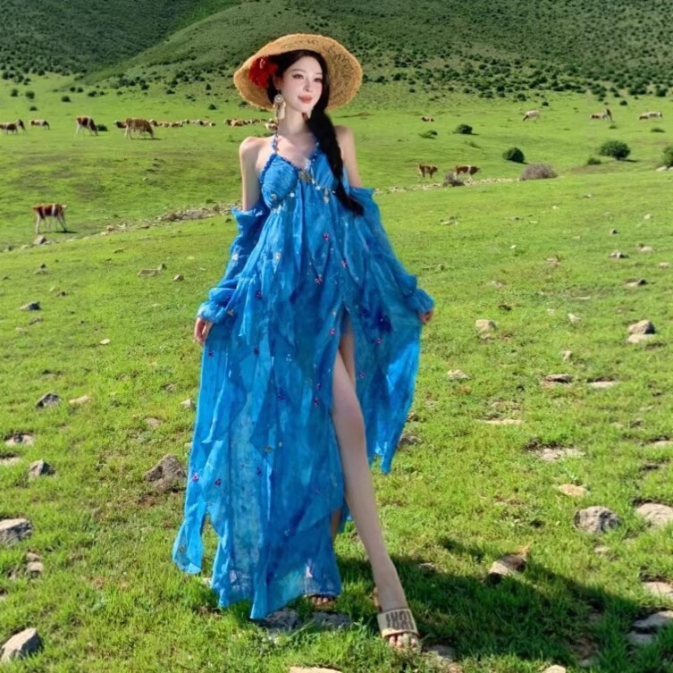 Beautiful Summer Resort-Style Long Dress with Blue Rose Print, Backless Straps, Detachable Sleeves, and Asymmetrical Slit Beautiful Summer Resort-Style Long Dress with Blue Rose Print, Backless Straps, Detachable Sleeves, and Asymmetrical Slit