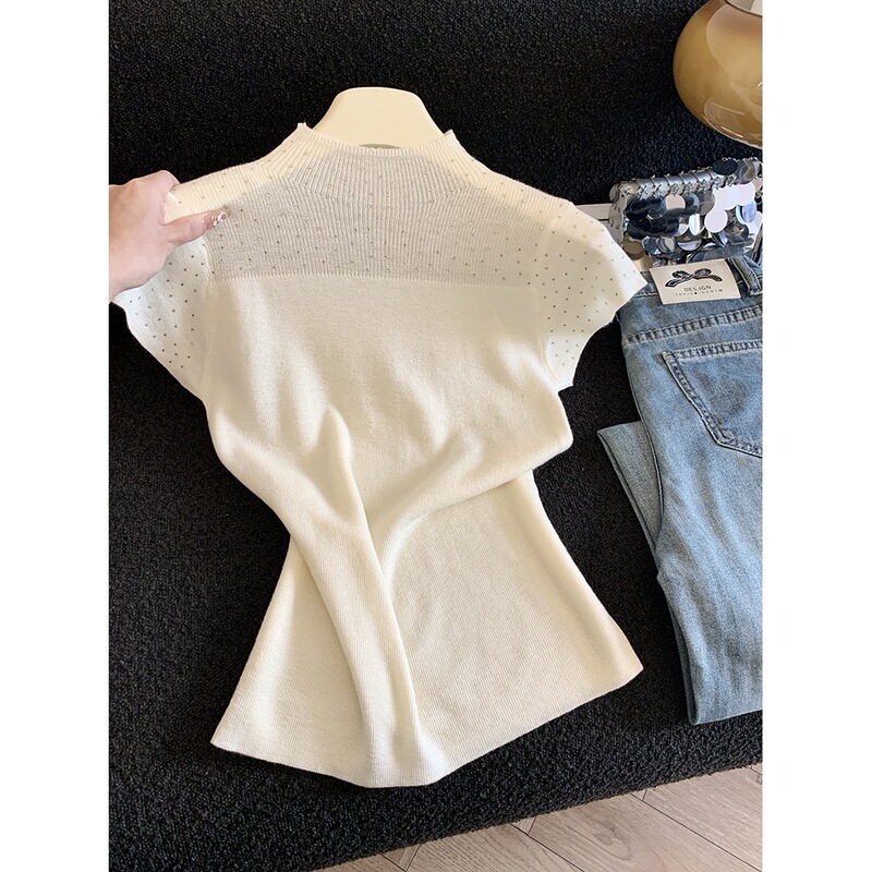 New Korean-Style Sweet Vest with Half-High Collar and Beaded Short-Sleeve Base Shirt for Women, Spring Slim-Fit Knit Top