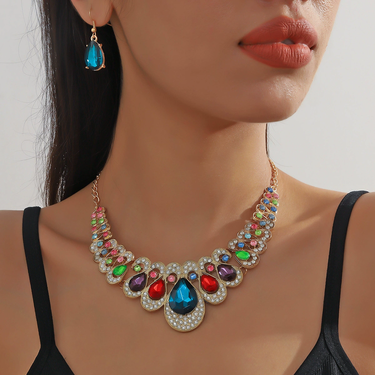 Fashionable metal collar, necklace and earrings, set, European style, with gem