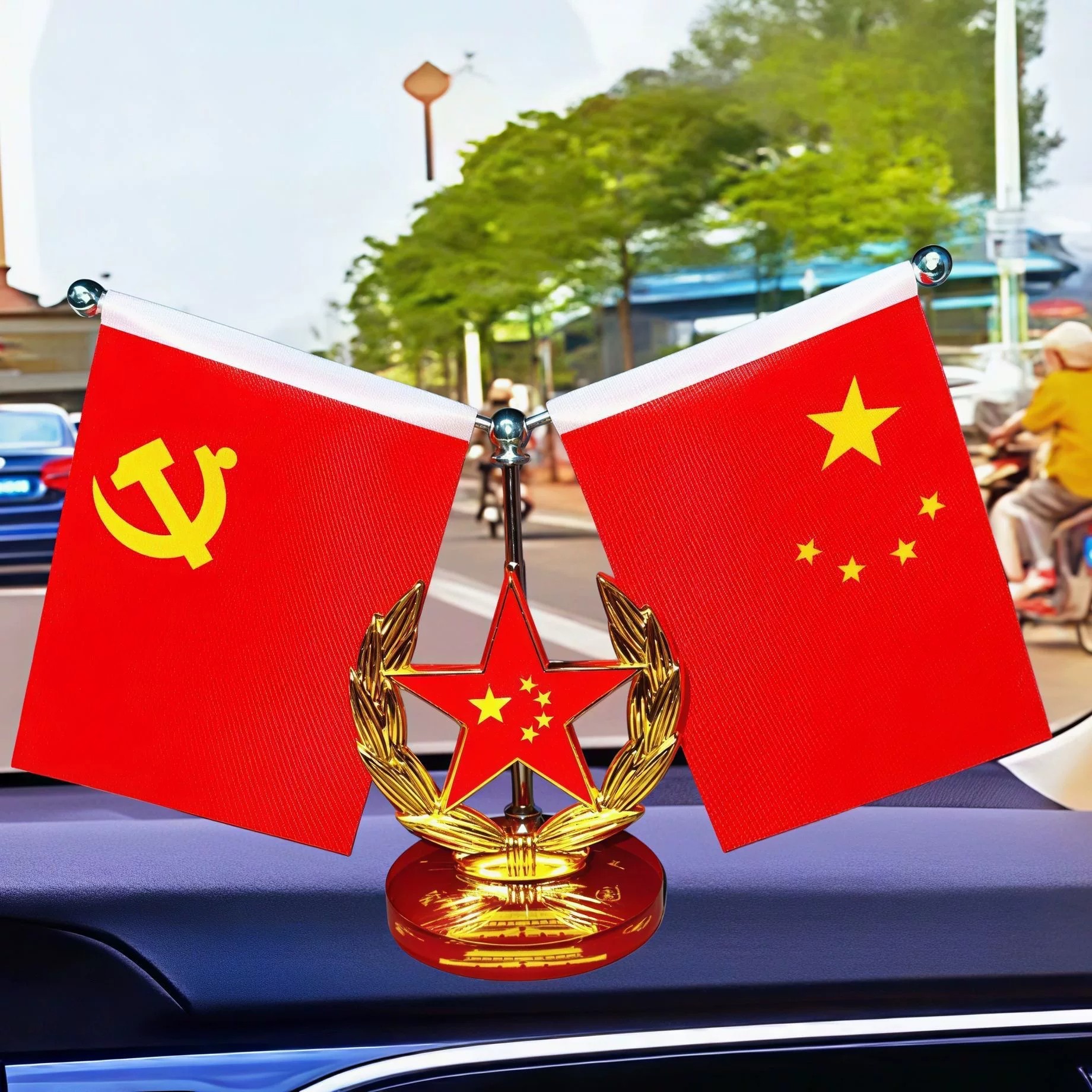 【Patriotic Red Flag】Car Ornament Red Flag Dashboard Double-sided Party Flag Five-star Red Flag Crystal Base for Car