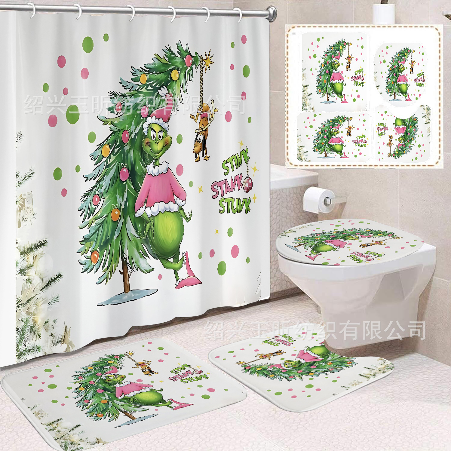 Tela de cortina de ducha transfronteriza, cortina de ducha impermeable, alfombra antideslizante de baño, juego de Grinch 4 de pelo verde al por mayor, sin perforación