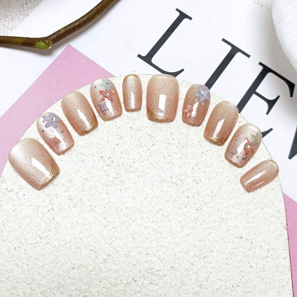 10 piezas de uñas postizas hechas a mano con pedrería floral de colores, pegatinas de uñas de ojo de gato de alta gama. image 5