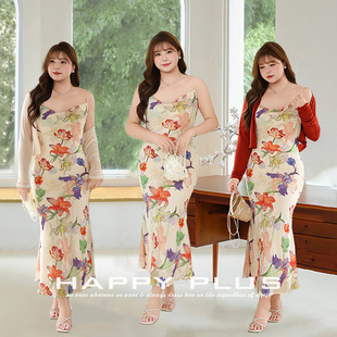 Floral Print Asymmetrical Hem Mermaid Slip Dress Large Size French Style Floral Mermaid Dress 9284