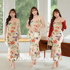 潋滟生花荡领斜裁鱼尾吊带裙润其9284大码法式大花朵鱼尾连衣裙